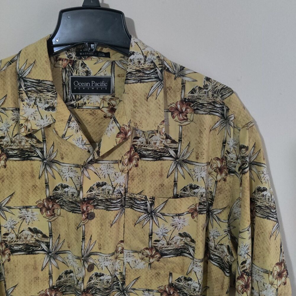 Vintage‎ Ocean Pacific Shirt Mens Large Yellow Hawaiian All Over Print Button Up